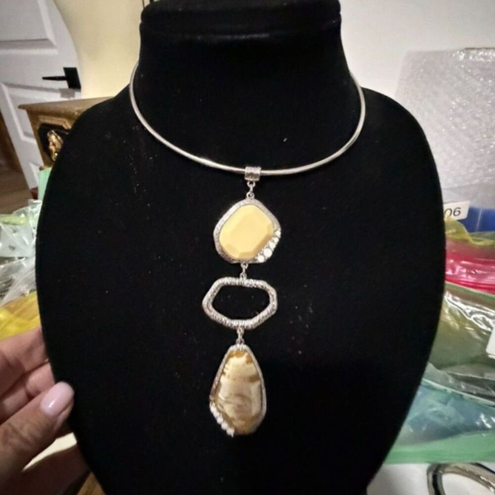 E Lyons vtg silver tone necklace with  abalone syle dangle pendants